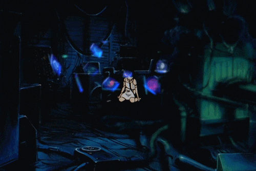 Gif from Serial Experiments Lain, Lain is seen in the middle of her room, wired.